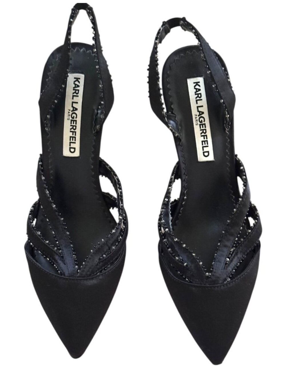 Karl Lagerfeld Paris Rowena Slingback Heels Black Satin Beaded US 7 EU 37.5